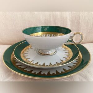 Green and Gold Porcelain Tea Cup and Saucer Set